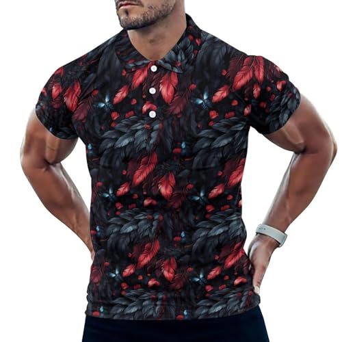 Polo de golf pour homme imprimé plumes rouge et noir à manches courtes
