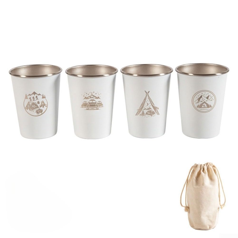4 Pack 350ml Stainless Steel Coffee Cups for Hiking and Camping, Lightweight Stackable Outdoor Cups with Storage Bag, 304 Stainless Steel Material (350ml white)