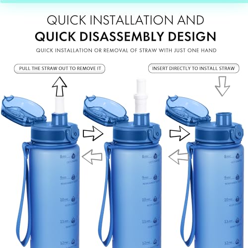 Image of 32oz Water Bottle with Straw, Time Marker & Fruit Strainer, Transparent Gradient Color Water Bottle with Times to Drink, Leakproof & BPA Free, Reusable Bottle with Strap