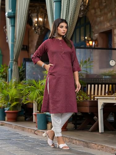Image of Juniper Bottle Green Striped Printed Cotton Kurta with Button Detail