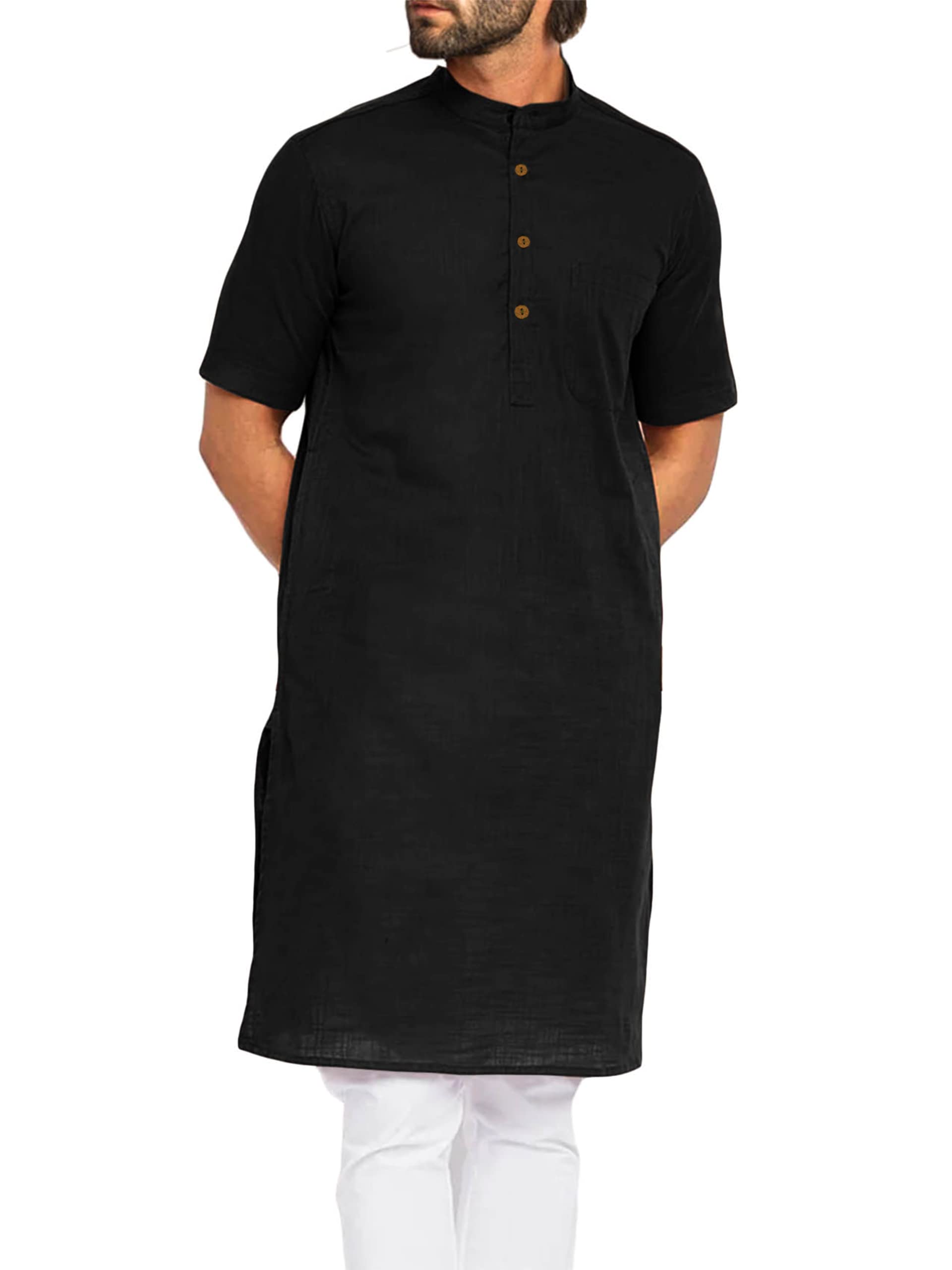 GafengMens Kurta Cotton Linen Henley Shirts Kaftan Short Sleeve Lounge Plain Gown Shirt