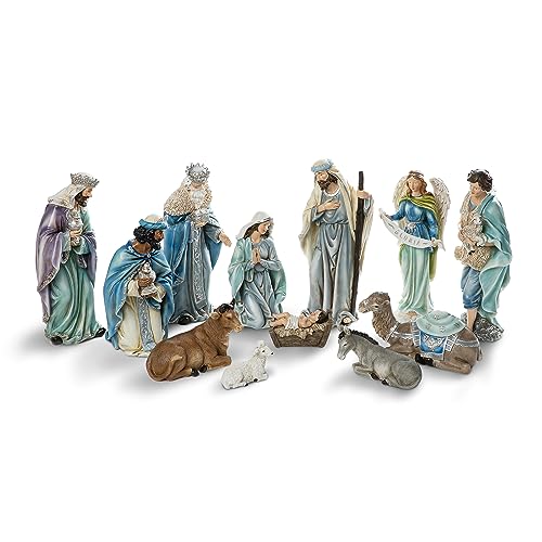 Image of Glitzhome Nativity Set for Christmas Indoor Decorations, 12-Piece Large Blue Nativity Figurines Sets 15.5 inch x 45.00 inch, Resin Tabletop Scenes Figures Xmas Collectibles Figurines Statue Holiday Decor