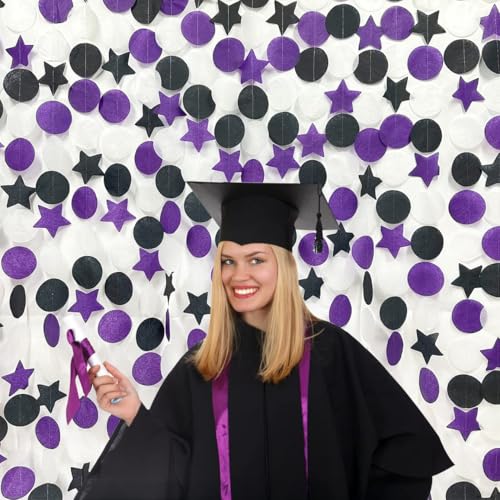 Image of 173 Ft Purple Black and White Party Decorations Big Star Circle Dot Backdrop Streamer Garland for Graduation Birthday Bachelorette Engagement Wedding Bridal Shower Halloween Party Supplies