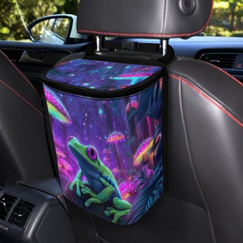 Image of Talayituse Frog Mushroom Galaxy Print Car Trash Can with Lid, Leak Proof Auto Trash Bag Hanging Vehicle Garbage Can Multipurpose Storage Container for Back Seat Road Trip