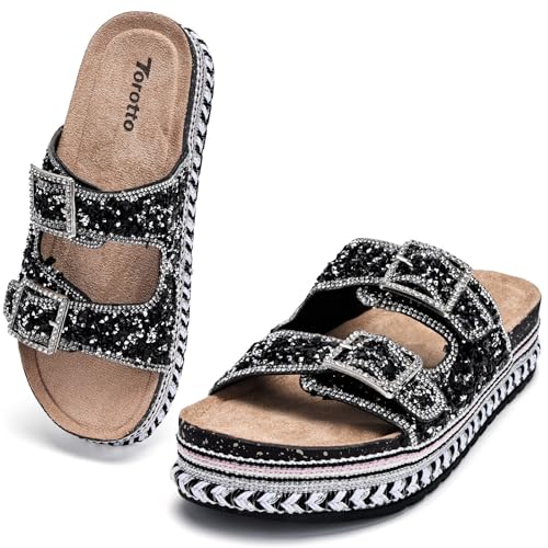 Torotto Damen Pantoletten Modische Sandalen Metallic Hausschuhe mit verstellbaren Riemen Verdickter Boden 4CM(schwarz，39 EU)