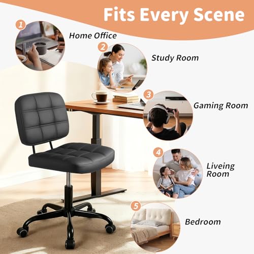 Image of Armless Home Office Desk Chair - Small Swivel Office Desk Chairs with Rolling Wheels - Height Adjustable PU Leather Computer Chair with Comfy Low Back - For Small Space, Bedroom, Home, Vanity - Black | SGS Certified Gas Lift, Adjustable Height, 250lb Weight Capacity, PU Leather, Quiet Wheels, Fits Under Desk, 6 Color Options