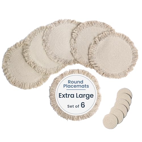 Fine Living Co. 15 Inch Round Placemats Set of 6 with 6-Free Coasters, Washable Heat Resistant Non-Slip Braided Cotton Placemats with Fringe, Boho Woven Table Mats for Dining Table Decor, Ivory