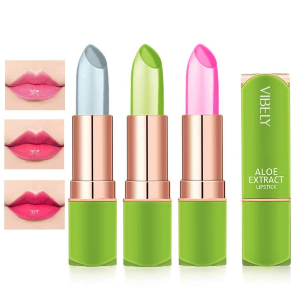 BtspringSkynest 3 Pack Aloe Vera Lipstick, Long Lasting Nutritious Lip Balm Lips Moisturizer Magic Temperature Color Change Lip Gloss Set