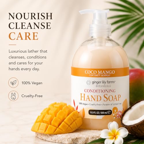 Image of Ginger Lily Farms Botanicals Conditioning Liquid Hand Soap, Coco Mango, 100% Vegan & Cruelty-Free, Coconut Mango Scent, 16.9 Fl Oz