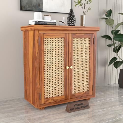 Image of Solid Sheesham Wood Sideboard Cabinet for Living Room | Wooden Storage Cabinet with 2 Cane Doors & Shelf | Modern Rattan Design Sideboard for Home (Honey Finish)