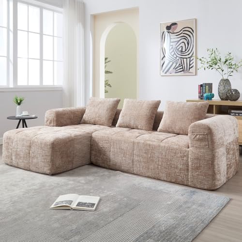 KOMHTOM - Sofá de 3 plazas esquineras en L con 3 cojines y apoyabrazos, sofá modular salón de tela chenilla con chaise longue y bolsillo lateral, sofá moderno DIY (Kaki)
