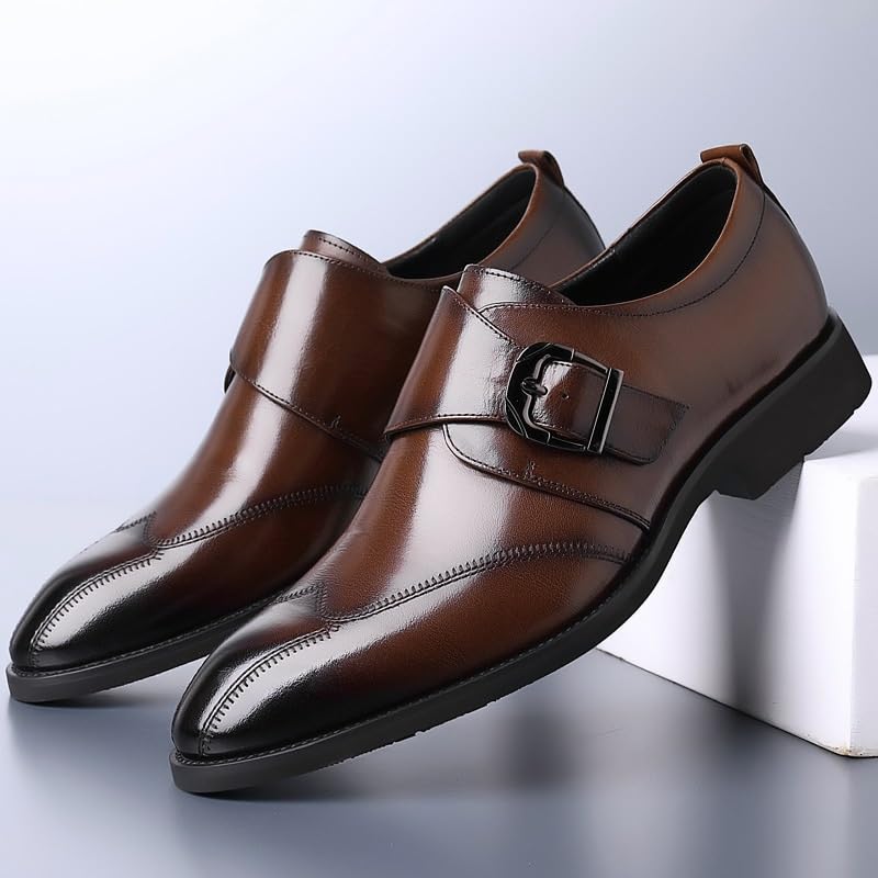 Men Monk Brogue Dress Oxford Shoes Uniform Outdoor Prom Top-Grain Leather Rubber Sole Classic Pointed Toe Slip On3