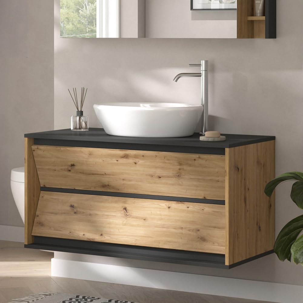 Vicco Meuble sous Vasque Simple Edelin, Anthracite/Artisan, 100x50cm | avec 2 tiroirs, pour montage mural et compatible avec siphons standards