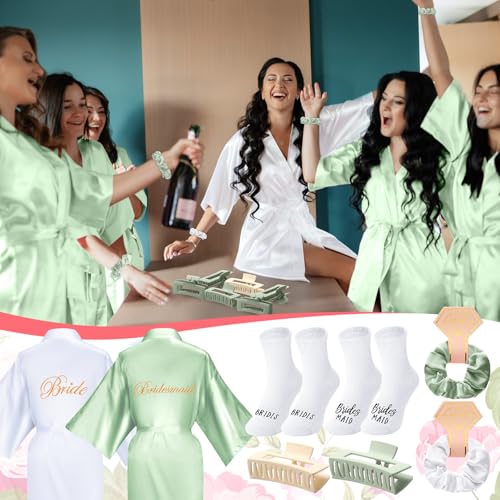 Image of Bonuci 24 Pcs Bride Bridesmaid Robes Set of 6 Bridal Silk Satin Robes for Wedding Bachelorette Party Bridal Shower Gifts