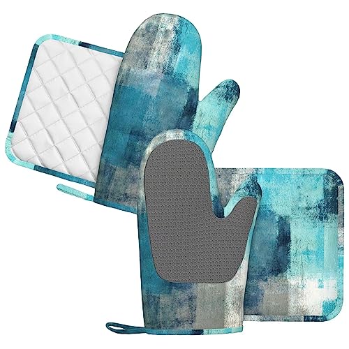 Mifsoiavv POTHOLDERS-2013.7.5-2 Modern Art Abstract Gery Turquoise Oven Mitts And Pot Holders Sets Silicone Turquoise Kitchen Mitts Potholders Heat Resistant 4Pcs Teal Oven Gloves Hot Pads thumb #1