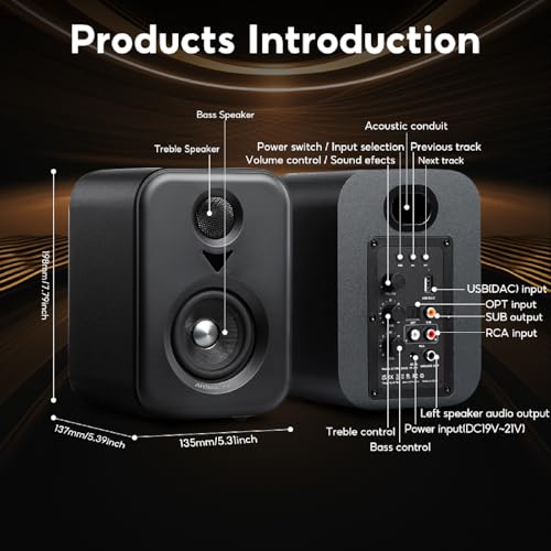 Image of AIYIMA S400 80 Watt 2.0 Channel Home Audio Active Bookshelf Speakers with Sub Out | TPA3118 Amp Chip | Bluetooth /Optical /RCA /USB Input for TV | Treble & Bass Tone | Remote |Upgraded Version