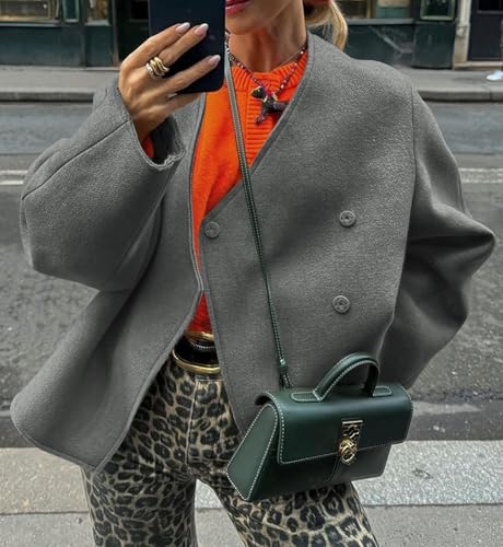 Cicy Bell Womens Cropped Wool Jackets Fall V Neck Short Pea Coats Single Breasted Outerwear Winter Outfits2