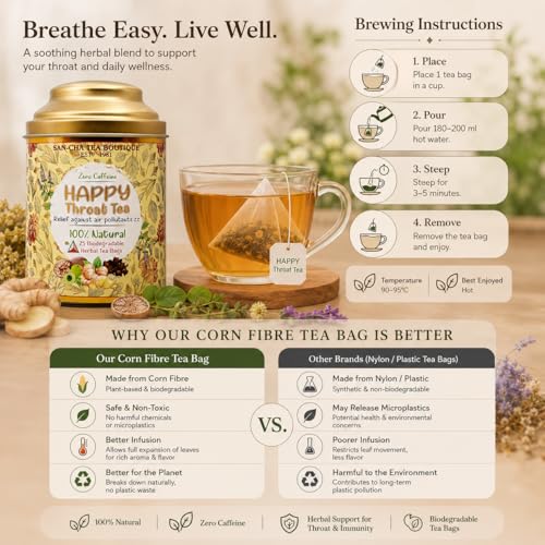 Image of Sancha Tea Boutique, Happy Throat Tea, 25 Pyramid Bags, Caffeine Free Herbal Tisane, Sore Throat Support, Liquourice Blend