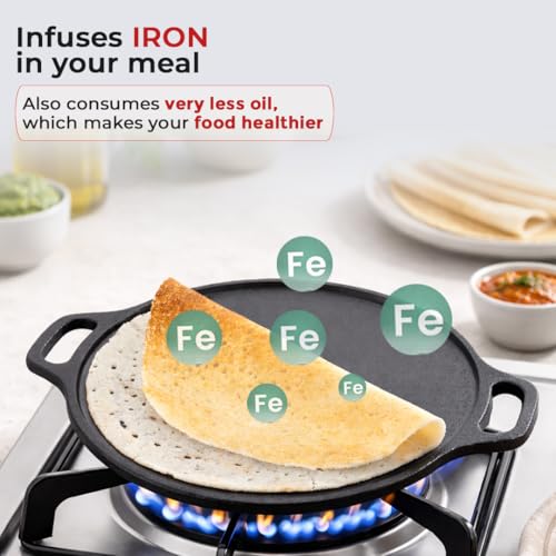 Image of AVIAS Cast Iron Dosa Tawa 30cm Pre-Seasoned 12 Inch | Double Handle Naturally Nonstick Cast Iron Tawa | Gas & Induction Compatible | 100% Pure Toxin-Free Roti Chapati Tawa for Dosa, Uthappam, Naan