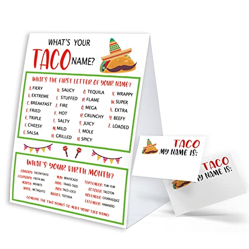 What's Your Taco Name Game Sign with Name Tag Stickers for Baby Shower, Baby Shower Decorations, Cinco de Mayo Party Birthday Party Game Fun for Adults & Kids Family Class Office Activity PTWYN14