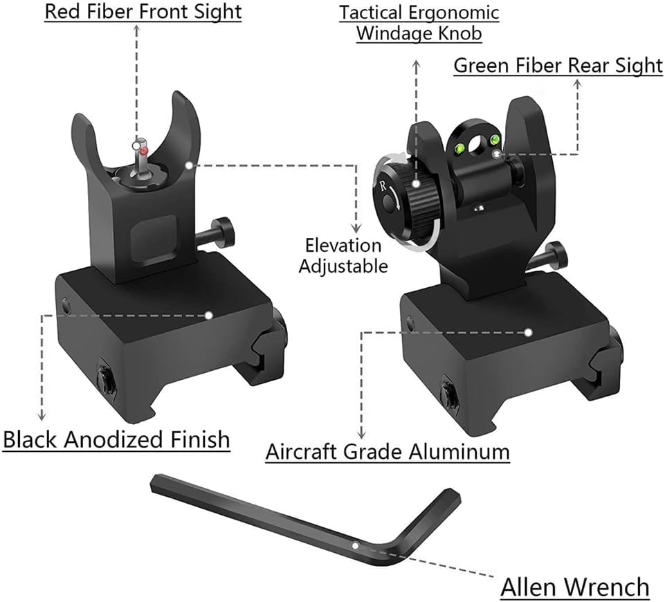 Front and Rear Folding Fibre Optic Iron Sight Set for 21mm Picatinny Rails for Rifle Scope Tactical