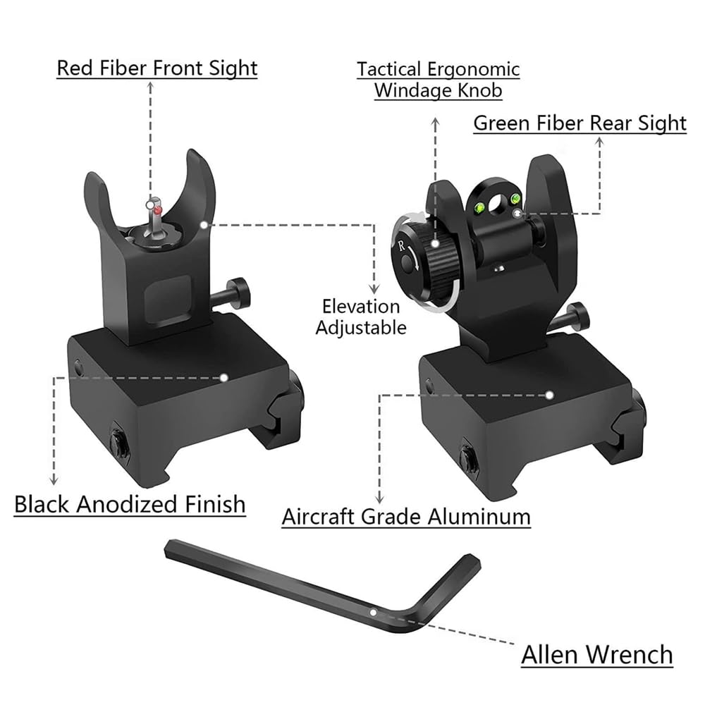 Front and Rear Folding Fibre Optic Iron Sight Set for 21mm Picatinny Rails For Rifle Scope Tactical