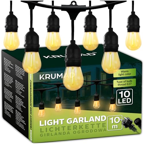 KRUMAD LED Lichterkette Außen 10 Meter, E27 Glühbirnen Warmweiß...