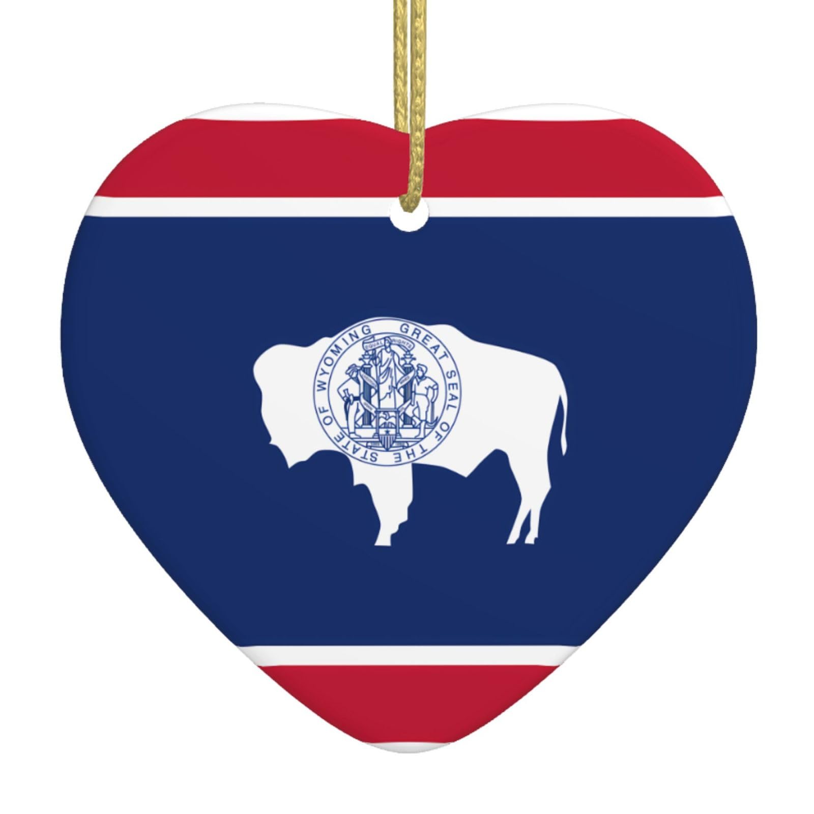 Wyoming State Flag Ceramic Christmas Heart Pendant with Silk Thread, Christmas Tree Home Decoration