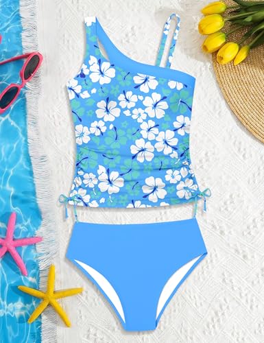 Image of AGAPENG Girls Swimsuit Two Piece One Shoulder Tankini Floral Print Drawstring Swimwear Set 7-14Y