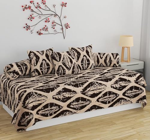 Image of Cotton Diwan Set Covers |8 Pieces Diwan Cover Set|300 TC Fabric| Pure Cotton Printed Deewan Set (1 Single Bedsheet, 2 Bolster Covers, 5 Cushion Covers)|Coffee Beige |SZDS 003