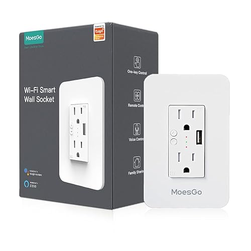 MoesGo Toma de corriente inteligente de pared con USB, enchufe WiFi con 2 tomas de corriente, control dividido de 15 amperios, control remoto Smart