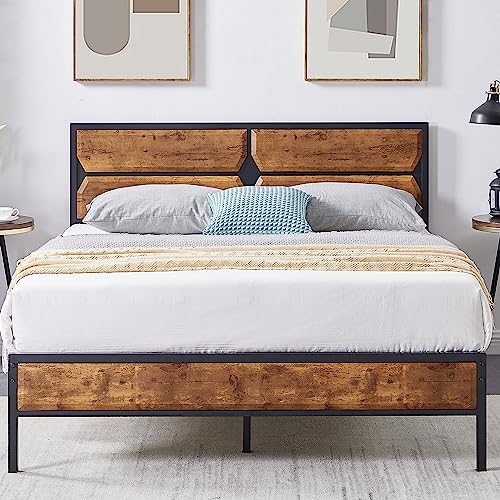 VECELO Cadre de Lit 140X190cm, avec Tête en Bois, Sommier Plateforme en Métal, avec Support à Lattes Solides et Espace de Rangement, Assemblage Facile, Marron