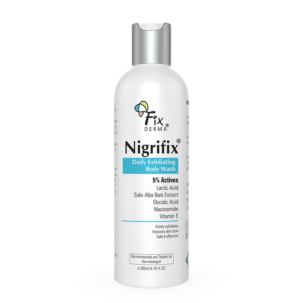 Fixderma Nigrifix Exfoliating Body Wash with 5% Actives (Lactic Acid, Glycolic Acid, Niacinamide Acid & Vitamin E) | Gentle Exfoliating Shower Gel | Improves Skin Tone | Body Wash Shower Gel for Women & Men -200ml-image-3