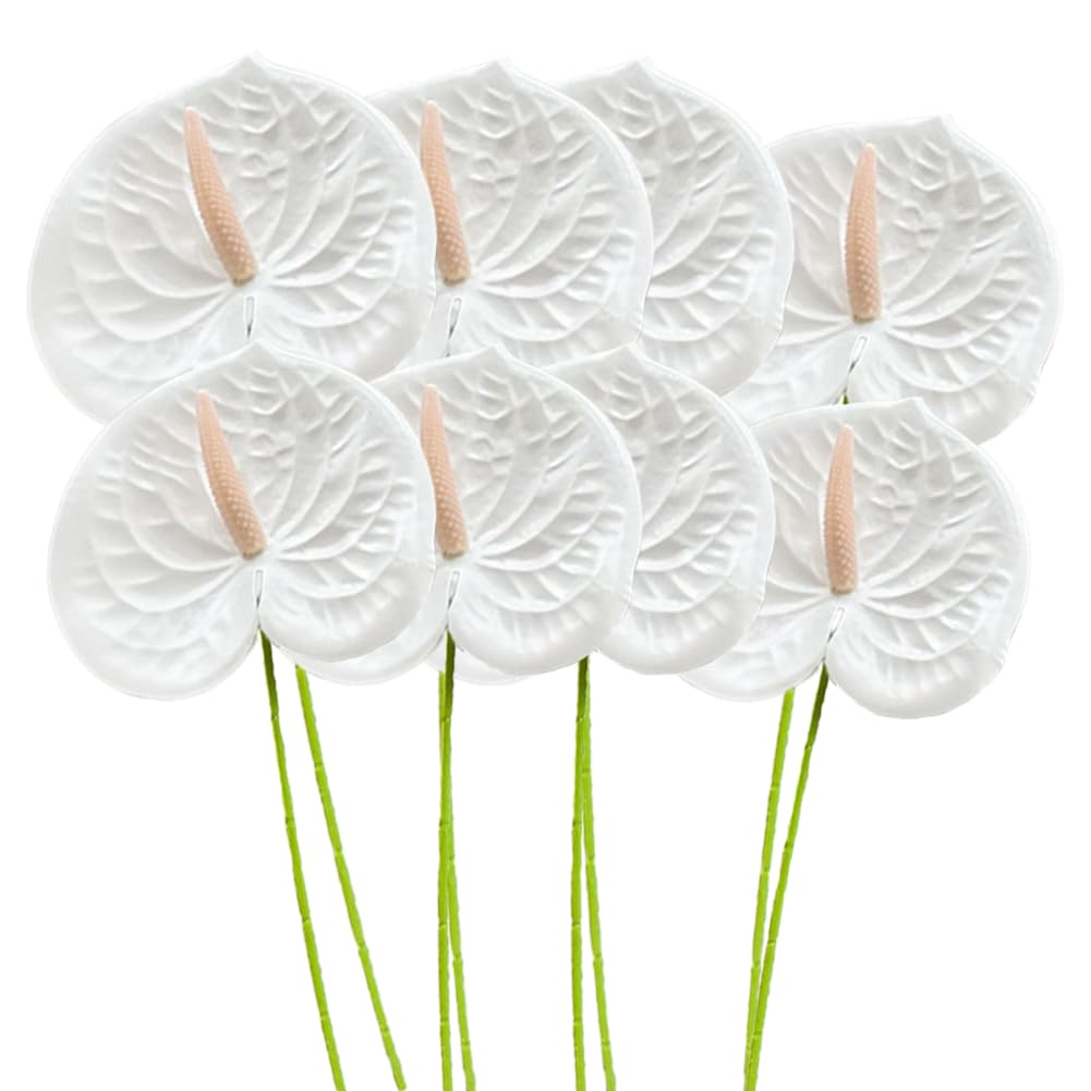 8 Pcs 24inch Artificial Anthurium Lily Flowers Permanent Fake Flower for Home Table Centerpieces Arrangement Bouquet and Green Leaf for Bridal Wedding Festival Party (White)
