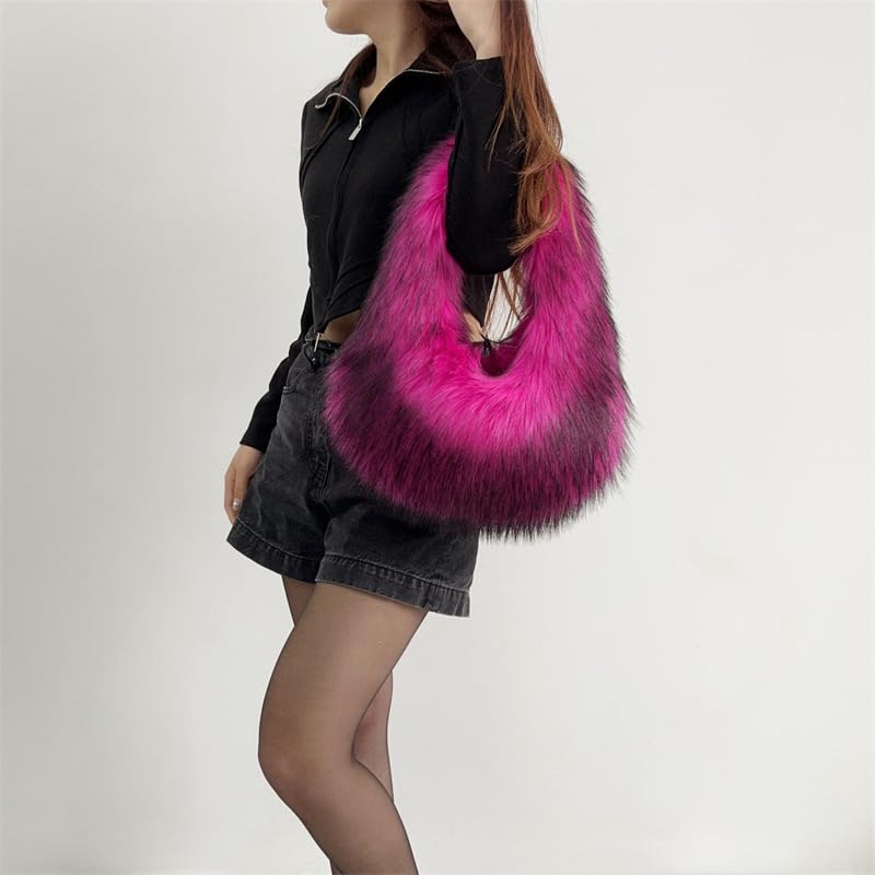 Image of Faux Fur Hobo Shoulder Bag for Women - Large Cute Fluffy Tote Plush Handbag Y2K Furry Purse