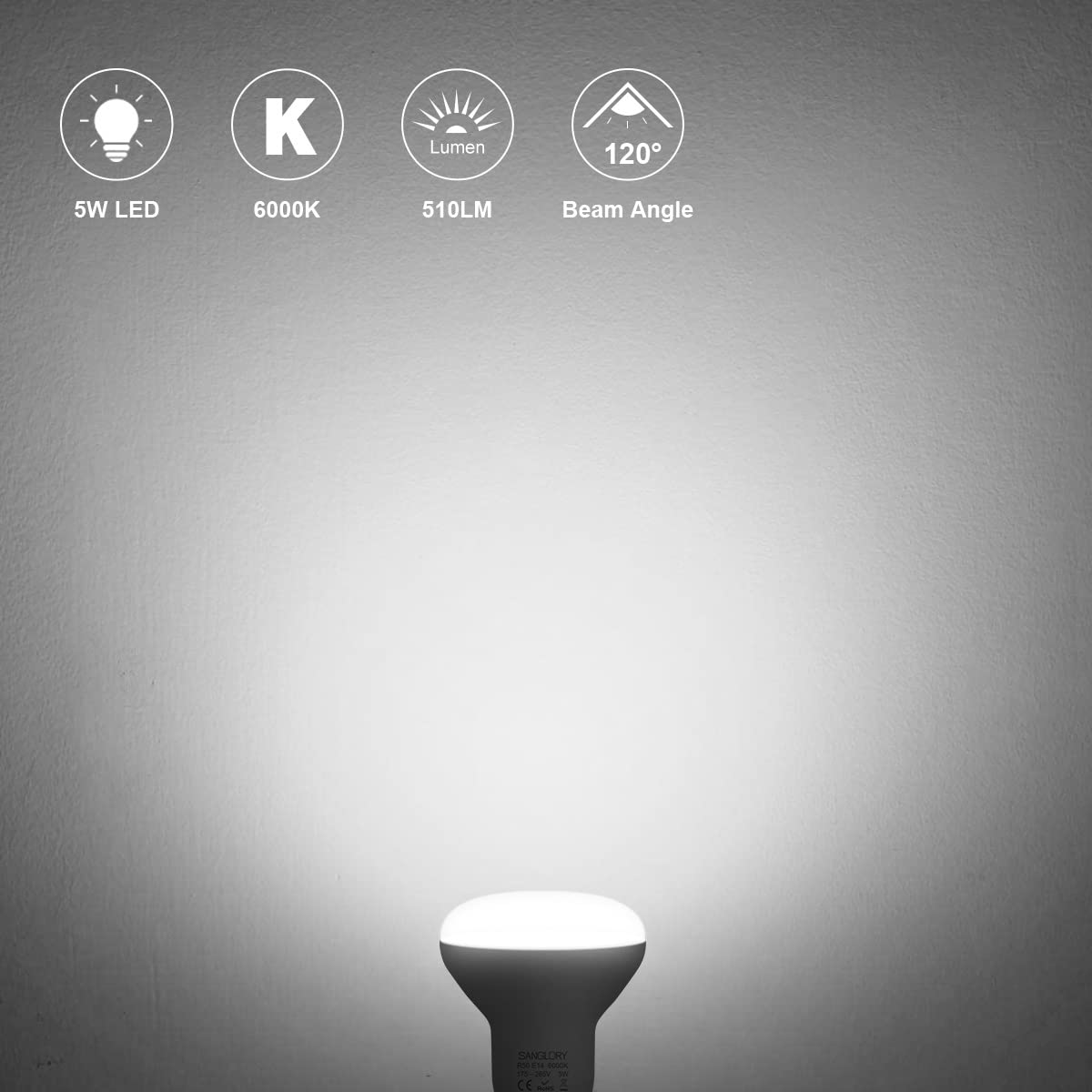 SanGlory Lampadine LED E14 R50 Riflettore, E14 LED 6000K Bianca Fredda, 5 Watt Equivalente a Alogena 40W, 510LM, 120 Gradi di Luce, Lampade Faretti LED R50 Non-dimmerabile, Confezione da 2