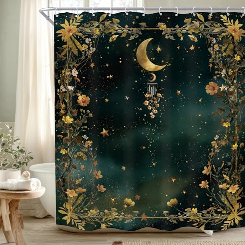 Imirell Dark Green Celestial Shower Curtain 60Wx72H Inches Mystic Moon Witchy Moonlit Gothic Mystery Wildflowers Bathroom Decor Fabric Waterproof Polyester with 12 Pack Hooks Plastic