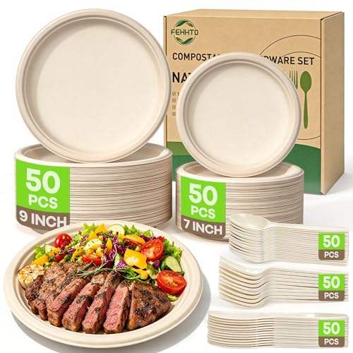 FEHHTO Compostable Paper Plates Set, 250PCS Disposable Heavy-Duty Sugarcane Plate
