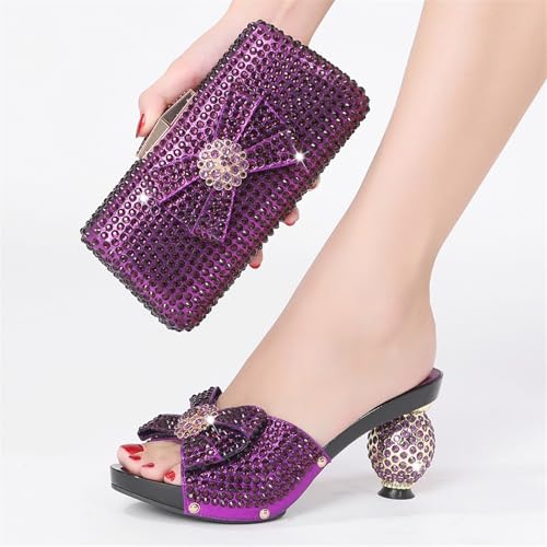 Women Italian Shoes and Bags Set Shiny Rhinestones Bow Slip On Fish Mouth High Heel Slippers Large Capacity Lightweight Clutch for Evening Party3