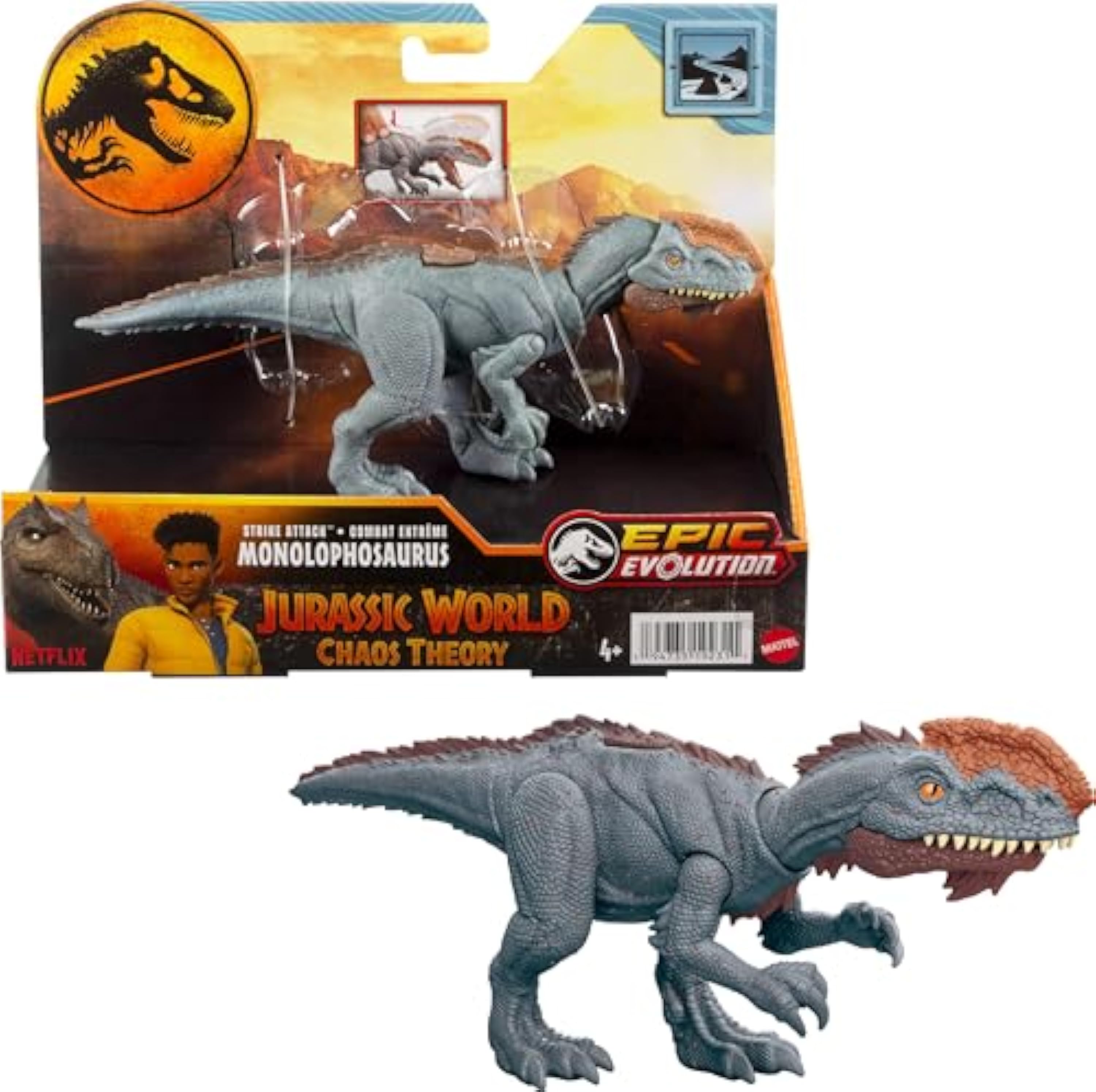 Mattel Jurassic World Strike Attack - Juguete de dinosaurio con acción de un solo golpe y articulaciones móviles, figura de acción de monolofosaurio incluye juego digital