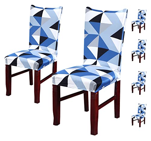 Image of House of Quirk Elastic Chair Cover Stretch Removable Washable Short Dining Chair Cover Protector Seat Slipcover (Pack of 6, Blue Obtuse Triangle)