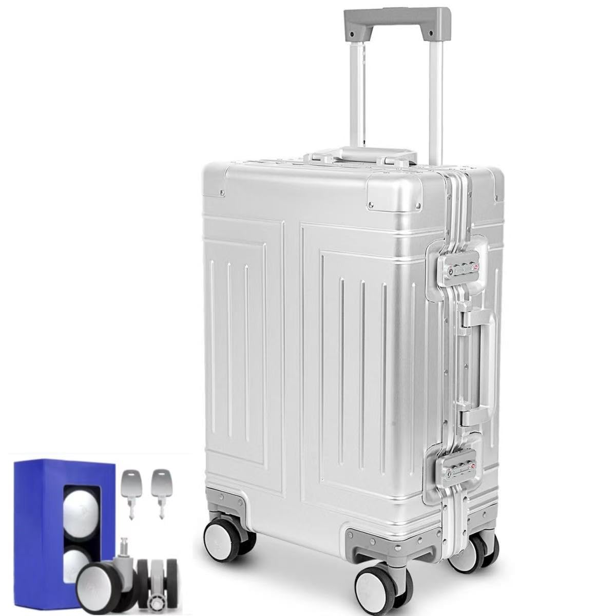 All Aluminum 20'' Luggage with Removable Spinner Wheels,Provide Spare Wheels.Carry on Luggage 22 x 14 x 9 Airline Approved Lightweight Metal Hard Shell Zipperless Suitcase