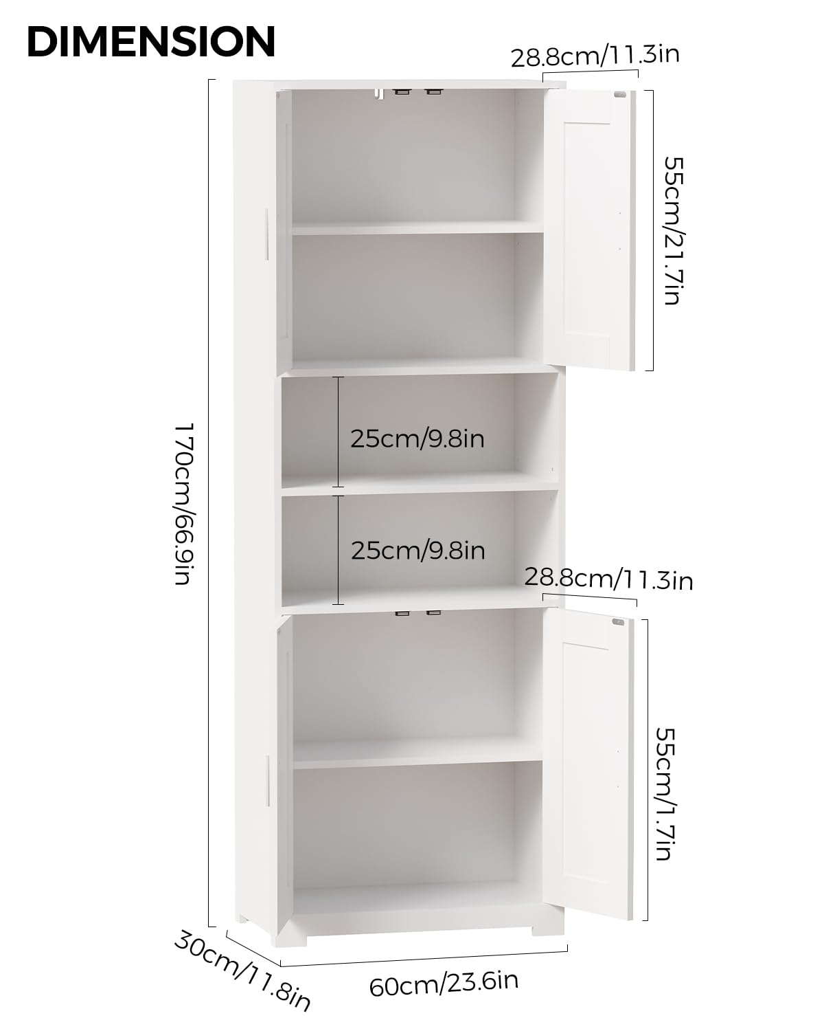 BEWISHOME Armoire de Salle de Bain, Meuble Salle de Bain Rangement, Meuble Colonne de Salle de Bain avec Étagères Réglables, pour Salon Cuisine 60x30x170cm Blanc EYYG09W