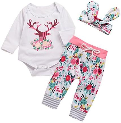 3PCs Baby Pink Reindeer Print Long Sleeves Romper Headband Pant Outfit Set