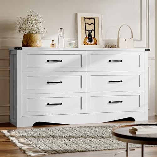 Image of BORNOON 6-Drawer Dresser for Bedroom, Modern Wooden Chest of Drawers with Metal Handles, Anti-Tipping Design, Sturdy and Stable Storage Organizer for Living Room, Entryway, Home Office