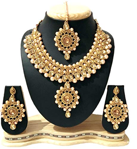 Image of HARITA Golden Gold Plated Traditional Necklace Set Jewellery with Maang Tikka and Earrings for Women