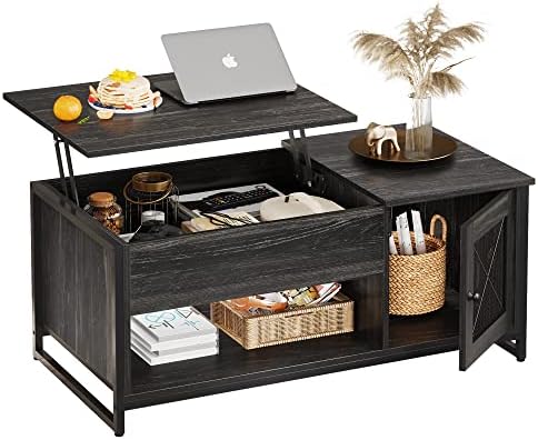 WLIVE Coffee Table for Living Room,Lift Top Coffee Table with Storage,Hidden Compartment and Metal Mesh Door Cabinet,Black,Wood
