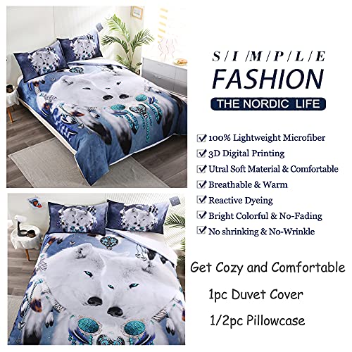 Esydream Wolf Dream Catcher Bedding 3 Piece Twin Queen King White Wolves Bed Set Blue Galaxy Wolf Couple Duvet Cover No Comforter King Color 6 #TOP3