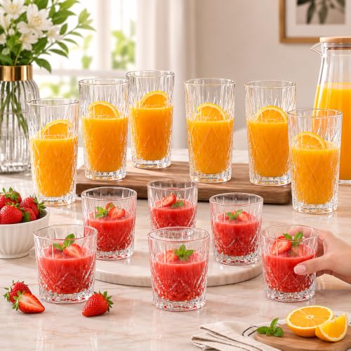 Image of bellemax 320ML & 210ML Checks and Leaf Design Water & Juice Glasses | Premium Drinking Glasses Combo for Home, Kitchen, Dining, Parties & Restaurants | Glass Tumbler Set Set of 12