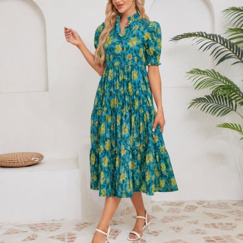 Image of Kedera Women Summer Casual Maxi Dress Trendy 2026 Puff Short Sleeve V Neck Ruffle Tiered Flowy Boho Beach Long Dresses